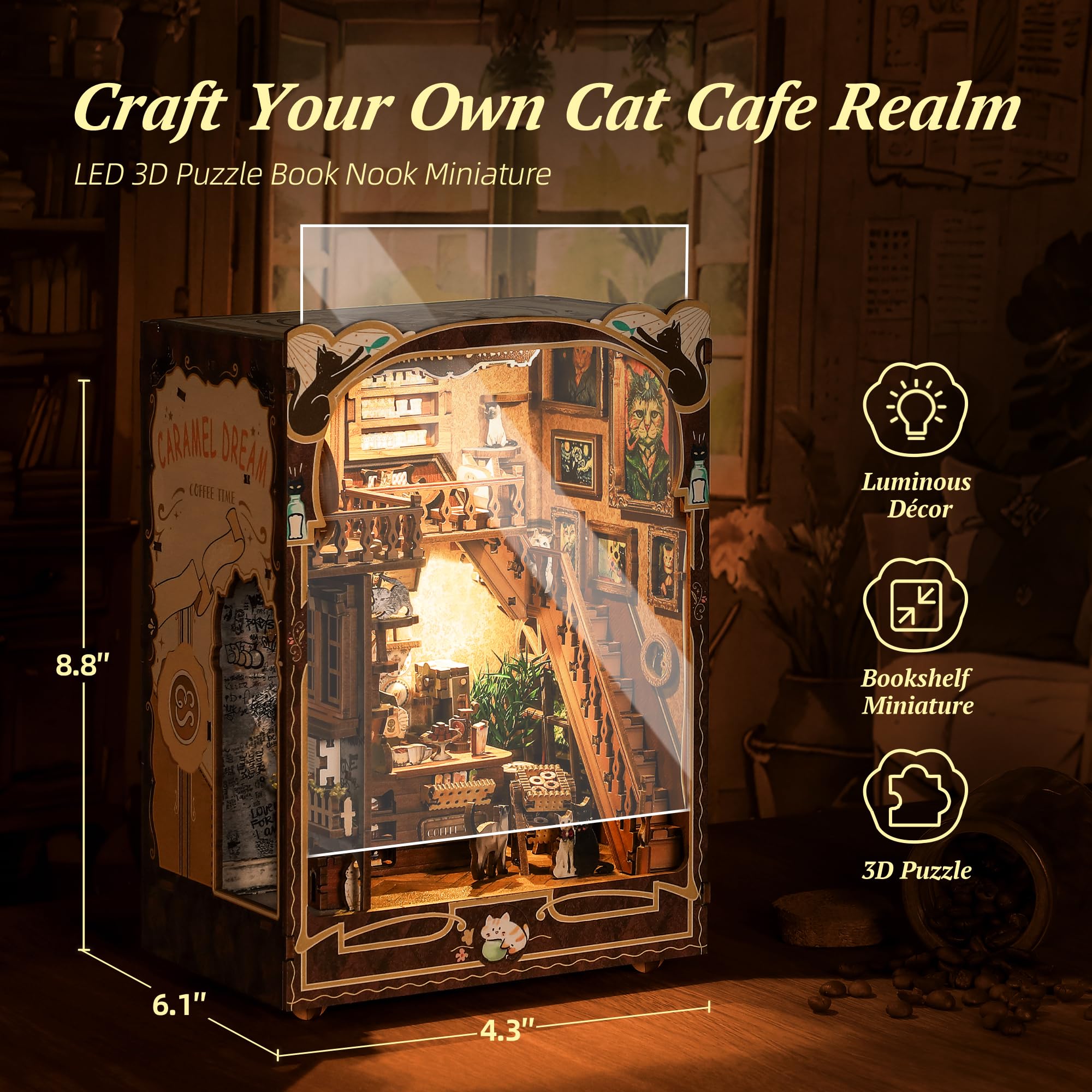 FUNPOLA 3D Wood Puzzle Book Nook Kit, Caramel Dream Cat Café